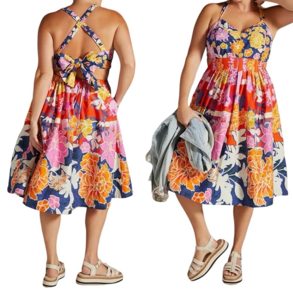 Anthropologie Floral Midi Dress - Blue, Pink, Orange